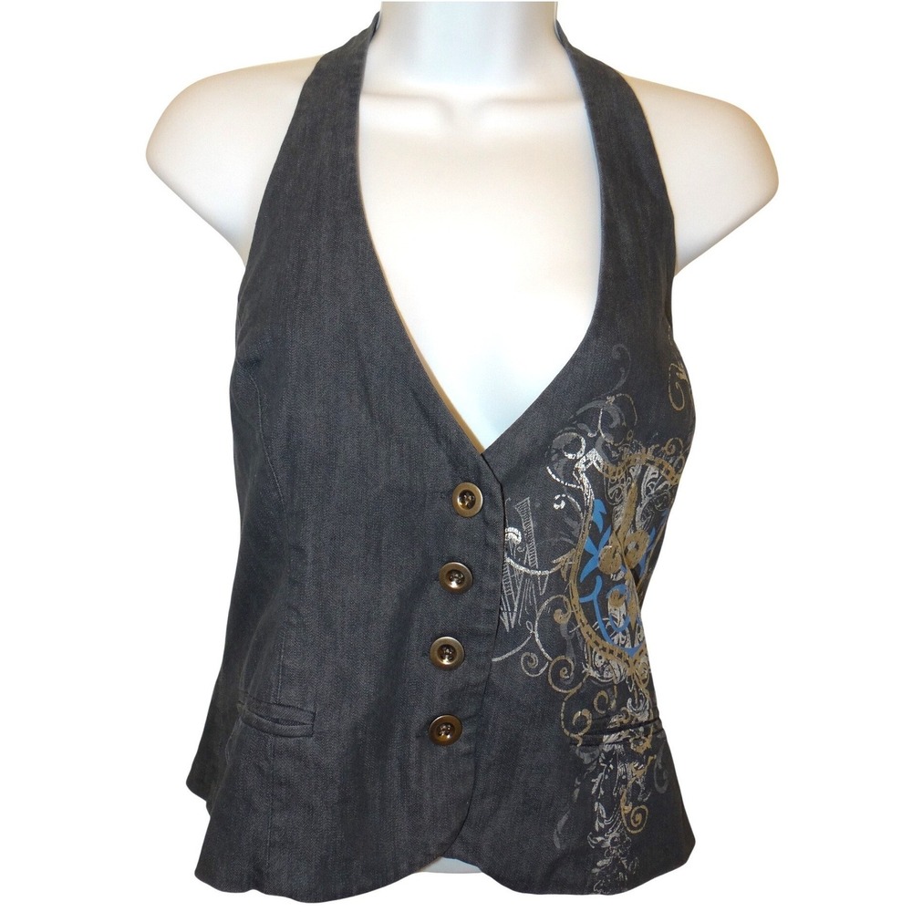 Y2k Womens Dark Wash Denim Halter Vest Fleur-de-lis Graphic Button Up Blue